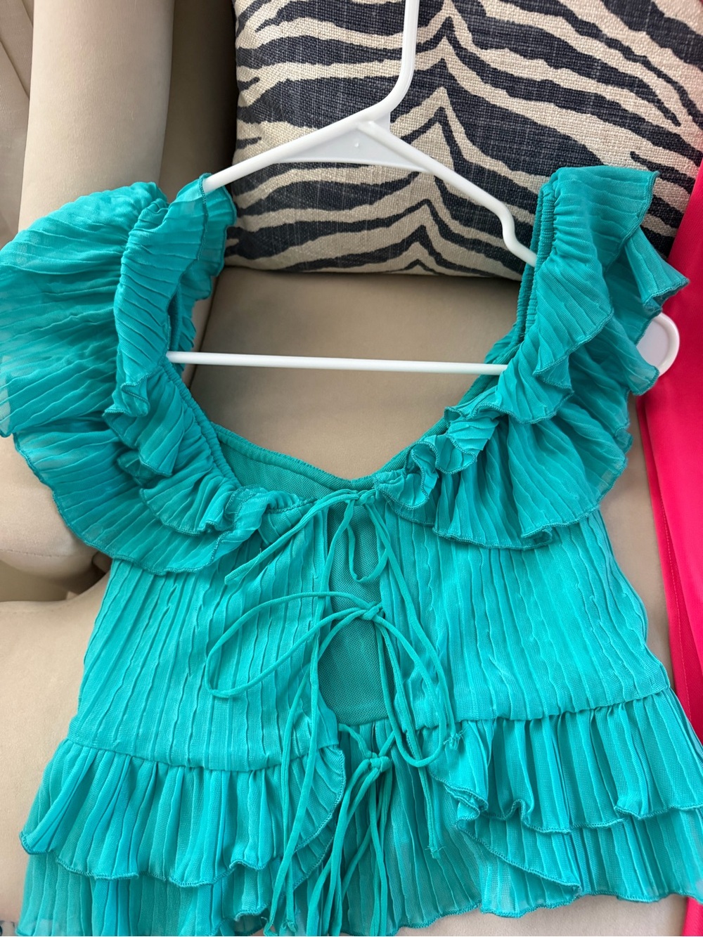 Zara Teal Ruffled Pleated Crop Top